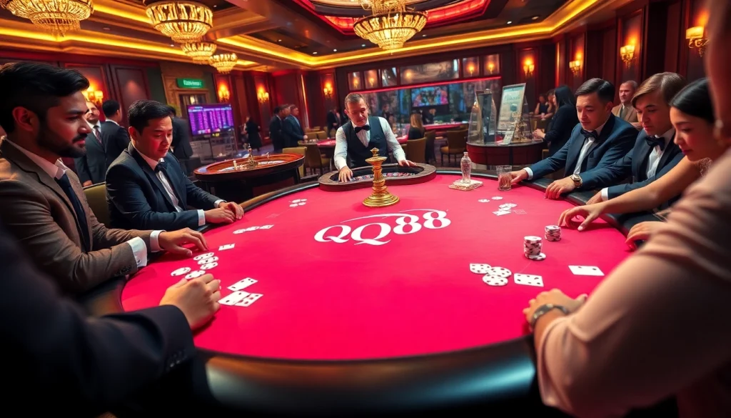 Players engaging in an exciting game at QQ88's luxurious poker table in a vibrant casino atmosphere.