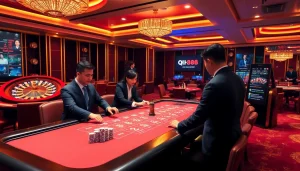 Experience the thrill of qh88 at a luxurious casino table with poker chips and a spinning roulette wheel.