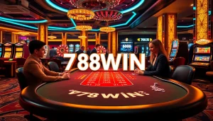 Experience the excitement of 78WIN casino with players at a lavish poker table and vibrant roulette wheel.