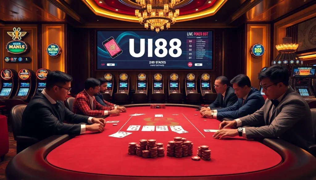 UU88 players engage in a thrilling poker game with vibrant ambiance and luxurious decor.