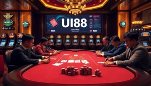 UU88 players engage in a thrilling poker game with vibrant ambiance and luxurious decor.