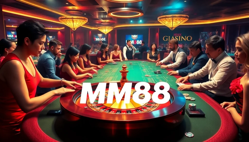 Experience the thrill of casino gaming at MM88, featuring engaging players, roulette and poker tables, and vibrant atmosphere.