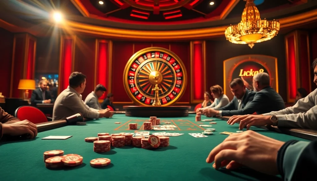 Players enjoying a high-stakes game at Luck8's luxurious casino table.