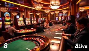 Players enjoying thrilling moments at 8Live casino tables and slots, capturing excitement.
