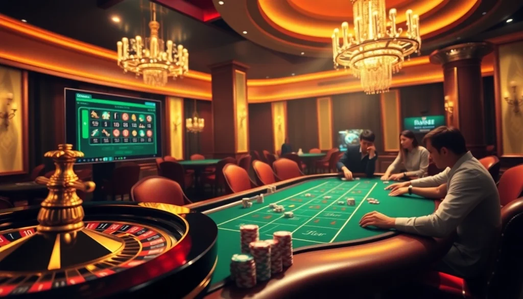 Experience the thrilling environment of Trang chủ Luck8 with vibrant casino visuals including poker tables and roulette.