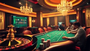Experience the thrilling environment of Trang chủ Luck8 with vibrant casino visuals including poker tables and roulette.