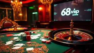 Gamblers enjoying a high-stakes poker game at https://68vip.one/, featuring vibrant casino colors and elegant decor.