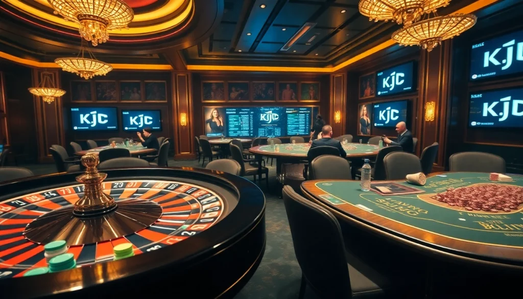 A thrilling casino scene with KJC themed poker games and roulette, embodying excitement.