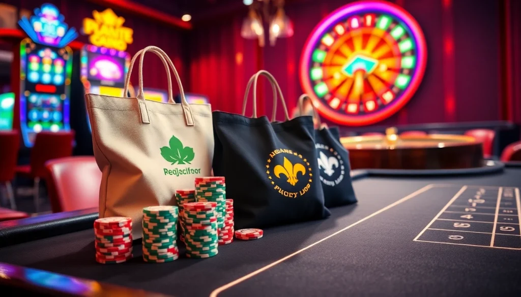 Maišėliai su spauda prominently displayed at a luxurious casino table surrounded by poker chips and colorful slot machines.