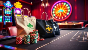 Maišėliai su spauda prominently displayed at a luxurious casino table surrounded by poker chips and colorful slot machines.