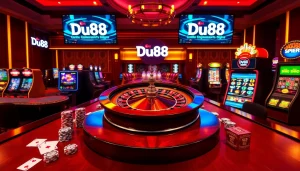 Engage with the thrilling games at Du88's online casino featuring roulette, poker chips, and vibrant slot machines.