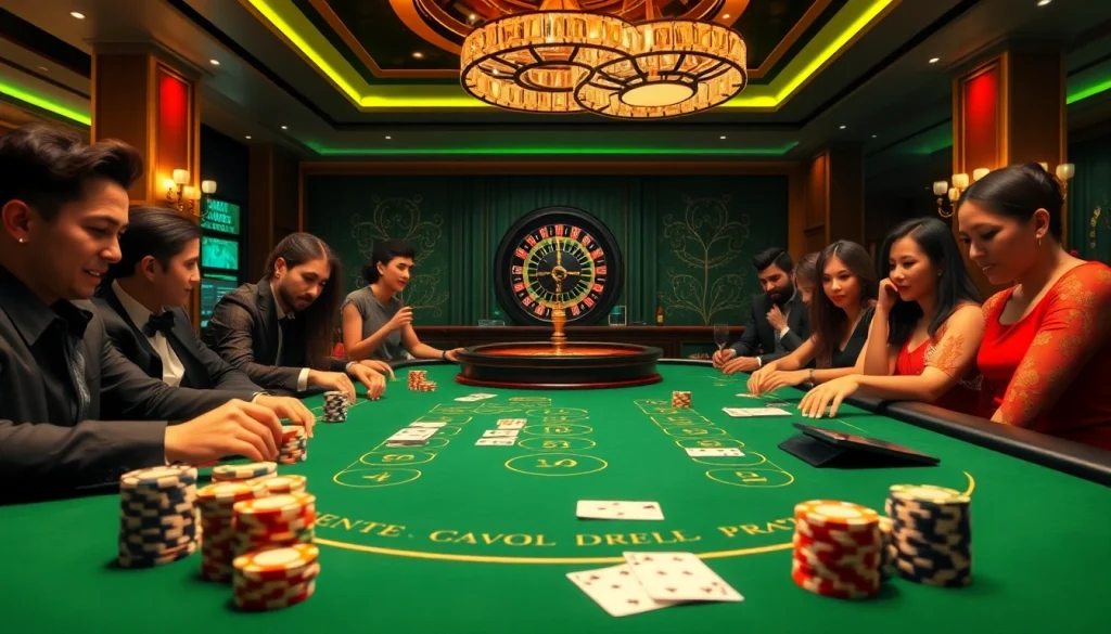 Players strategizing at a poker table in a stylish casino inspired by https://rr88sn.com/, showcasing excitement and luxury.