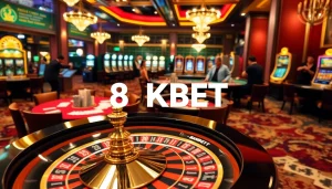 Excited gamblers playing at the luxurious 8KBET casino tables with roulette and cards.