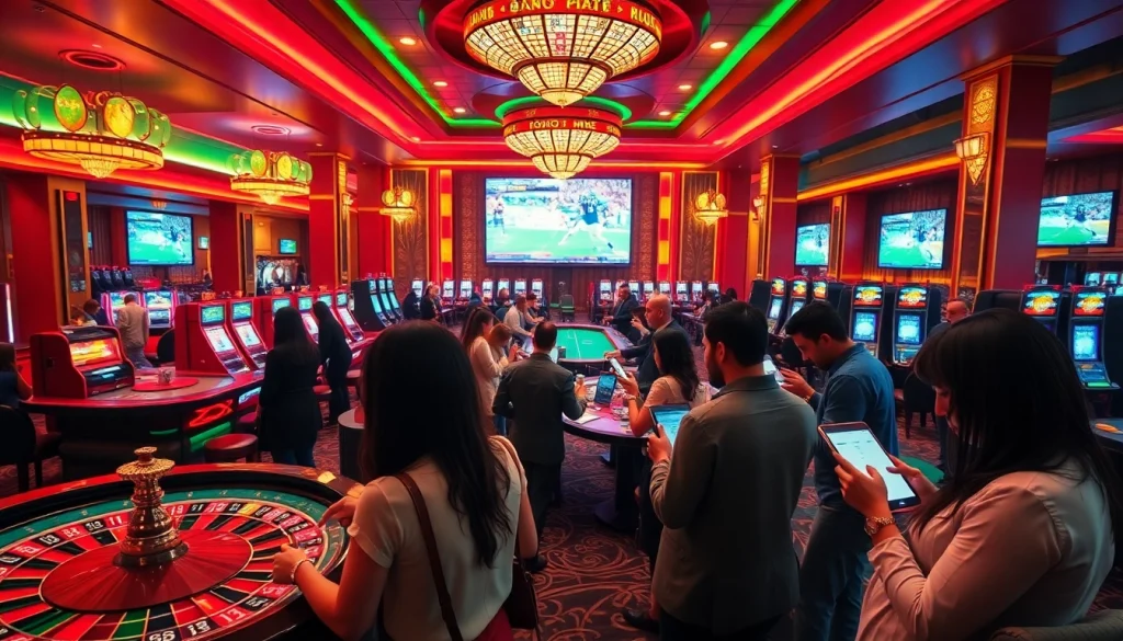 Engaged gamblers strategizing bets at a luxurious casino featuring https://oxbet.channel/ online interfaces.