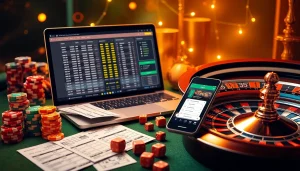 Scène interactive de paris sportifs en ligne mettant en avant les meilleurs sites de paris sportifs, avec des tickets colorés et un ordinateur portable élégant.