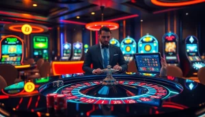 Exciting view of a luxurious casino crypto en ligne scene with digital slot machines and a roulette table.