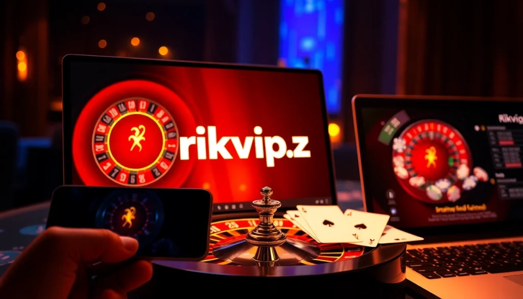 Engage with the immersive online casino experience at rikvip.bz featuring poker chips and a roulette wheel.