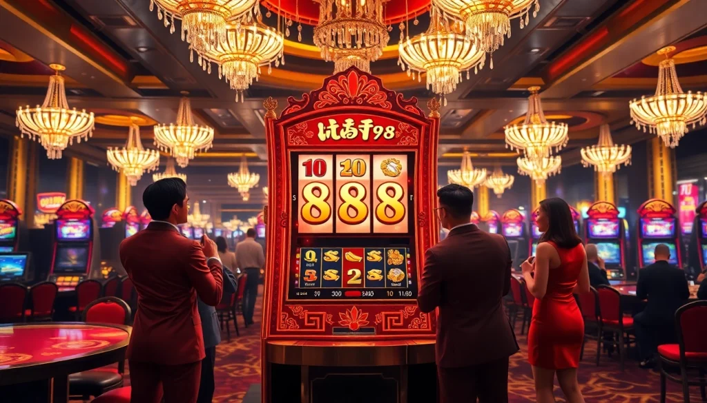 Players enjoying the lucky88 game on a vibrant slot machine in a luxurious casino.
