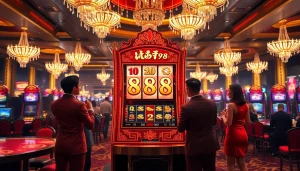 Players enjoying the lucky88 game on a vibrant slot machine in a luxurious casino.