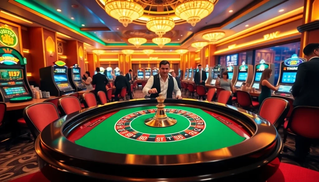 Experience the thrill of gaming at Trang chủ Luck8, featuring a lively roulette table and elegant casino atmosphere.