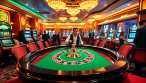 Experience the thrill of gaming at Trang chủ Luck8, featuring a lively roulette table and elegant casino atmosphere.