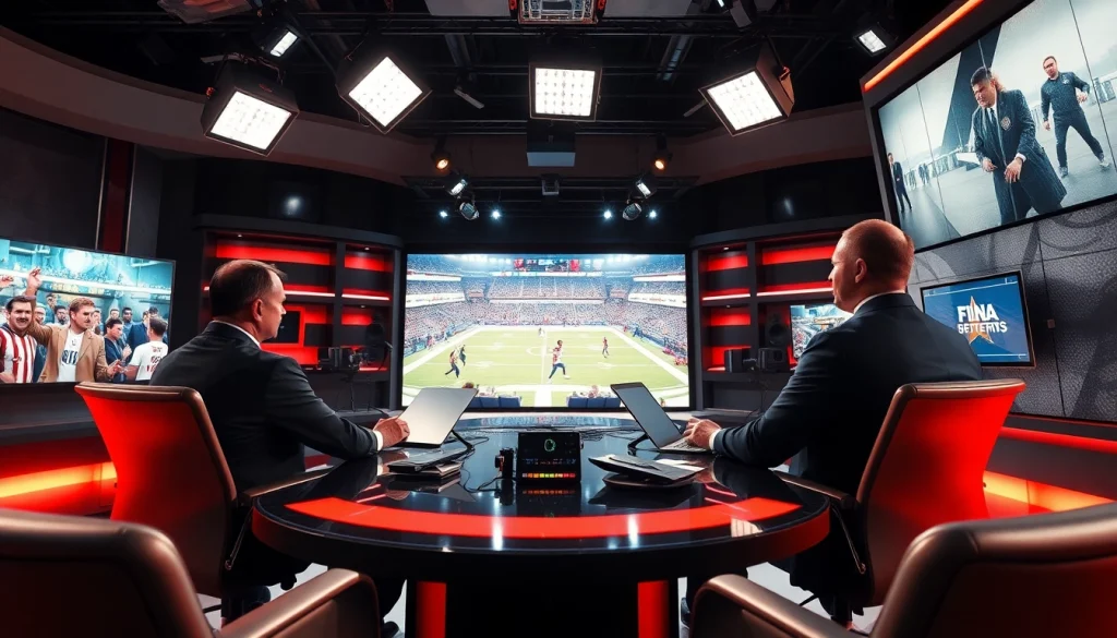 Engaging scene of sports broadcasting, featuring professional presenters and technology.