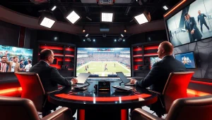 Engaging scene of sports broadcasting, featuring professional presenters and technology.