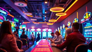 Jouer sur les machines à sous d'un casino en ligne illuminé avec plaisir et excitation.