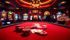 The excitement of 79king's premium casino experience, showcasing players at a poker table amidst vibrant gaming elements.