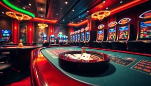 Exciting scene at a casino en ligne retrait instantané france featuring tables, slot machines, and vibrant colors.