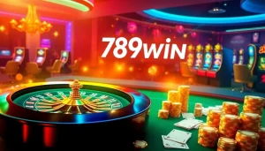 Experience the thrilling gaming atmosphere of 789win with roulette, poker chips, and sleek online interface.