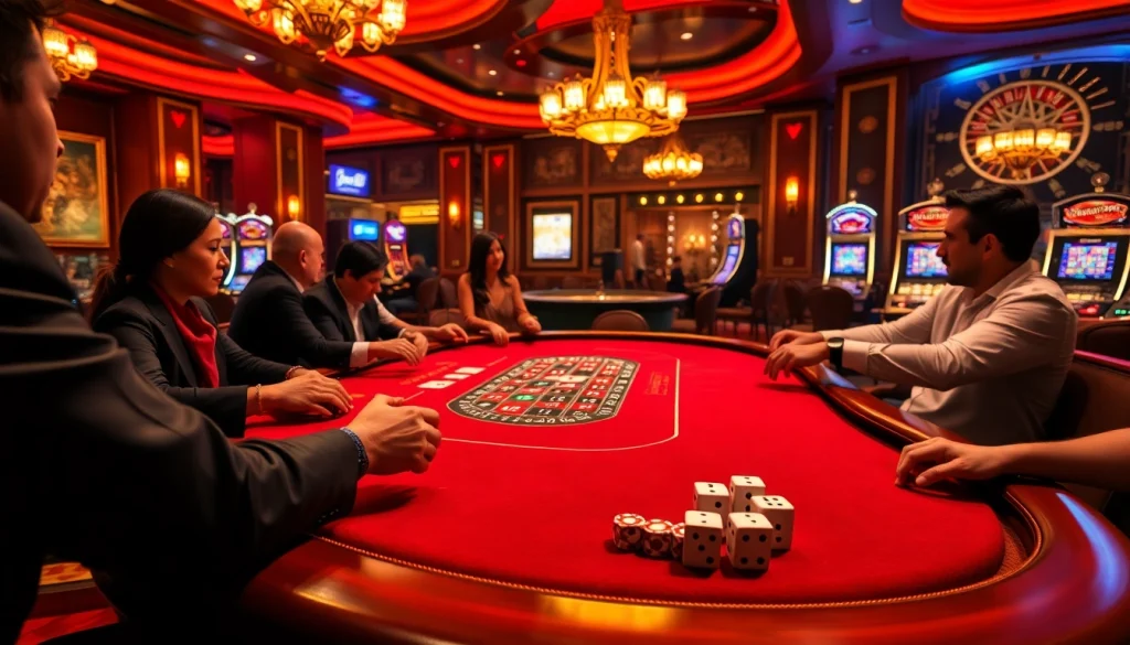 Intense poker action featuring HM88 chips on a luxurious casino table, reflecting gambling excitement.