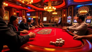 Intense poker action featuring HM88 chips on a luxurious casino table, reflecting gambling excitement.