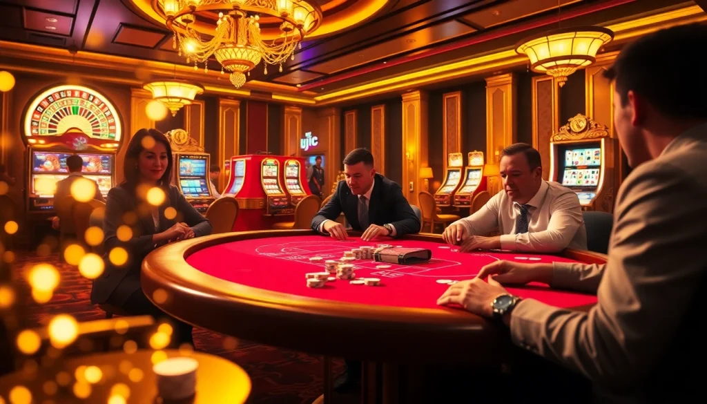 Experience the thrill of gambling with KJC branding in a luxurious casino environment.