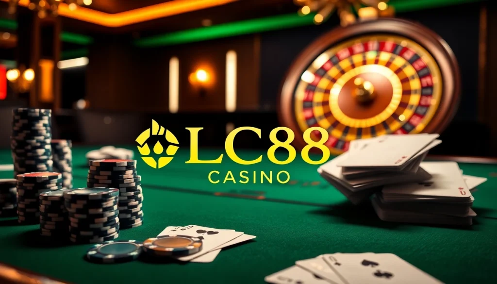 Experience the excitement of LC88 Casino with vibrant poker chips and cards on a luxurious gaming table.