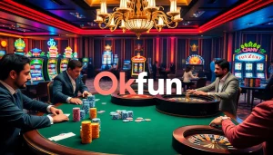 Experience high-stakes gaming at Okfun, with vibrant poker tables and thrilling slot machines.