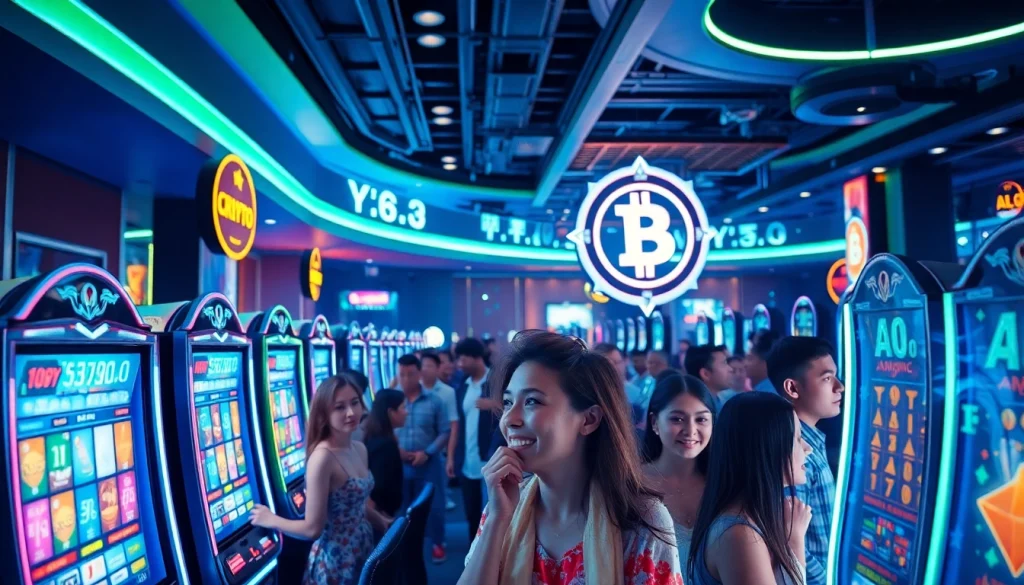 Des joueurs heureux dans un crypto casino animé, profitant d'une ambiance dynamique.