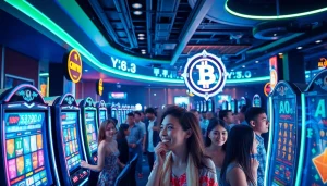 Des joueurs heureux dans un crypto casino animé, profitant d'une ambiance dynamique.