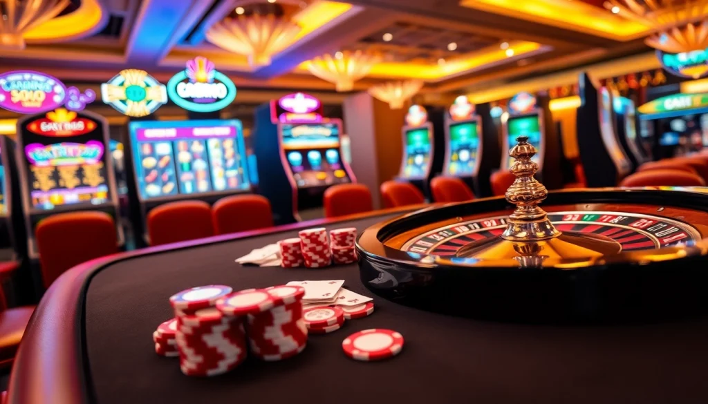 Hitclub gaming scene with poker chips, playing cards, and a lively roulette table.