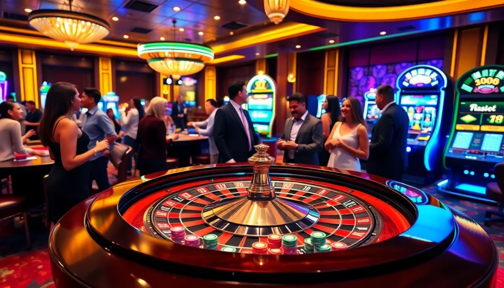 Excited gamblers place bets at the MV888 casino, with roulette and poker tables illuminated.