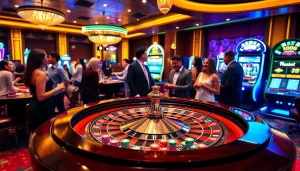 Excited gamblers place bets at the MV888 casino, with roulette and poker tables illuminated.