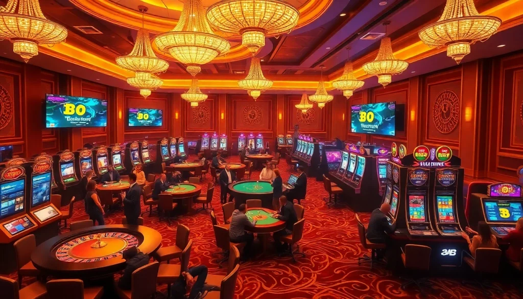 Engaged players enjoying games at luxurious Bitcoin casinos, featuring vibrant tables and neon lights.
