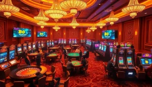 Engaged players enjoying games at luxurious Bitcoin casinos, featuring vibrant tables and neon lights.