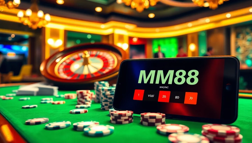 Gambling scene with MM88 interface and roulette wheel, showcasing excitement and luxury.