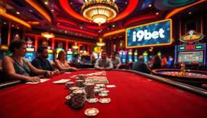 Engaging casino attendees playing poker at an i9bet branded gaming table.