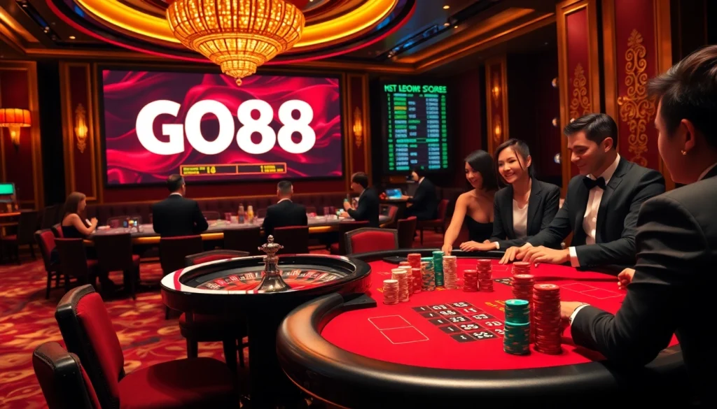 Intense poker gameplay at a luxurious casino featuring GO88 leaderboard, vibrant chips, and roulette.