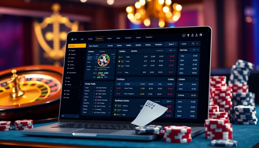 Engaging UI of a site de paris sportifs showcasing betting options and casino elements, emphasizing a professional atmosphere.