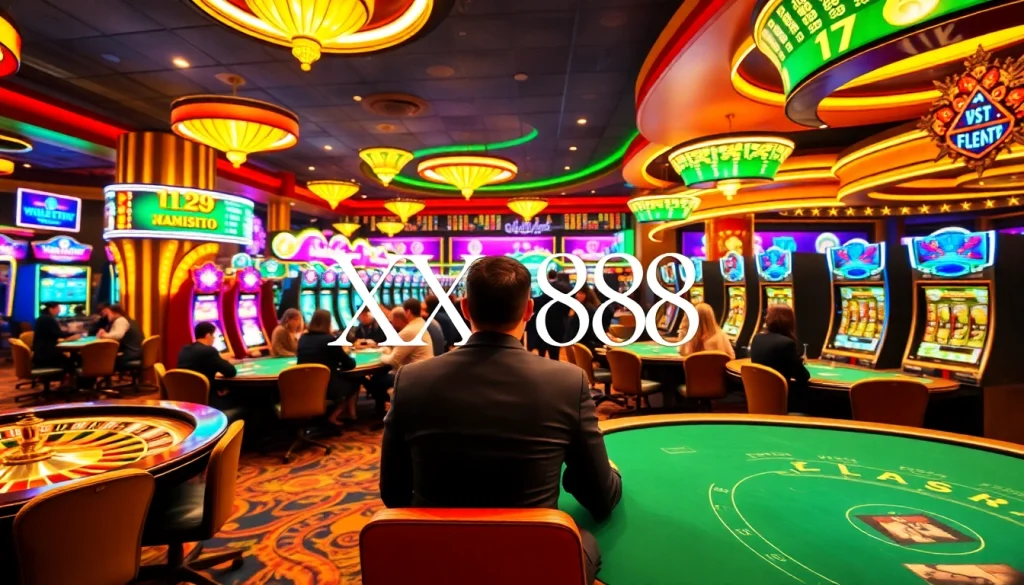 Players embrace thrilling games at a casino featuring XX88 on vibrant screens.