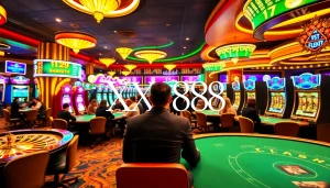 Players embrace thrilling games at a casino featuring XX88 on vibrant screens.