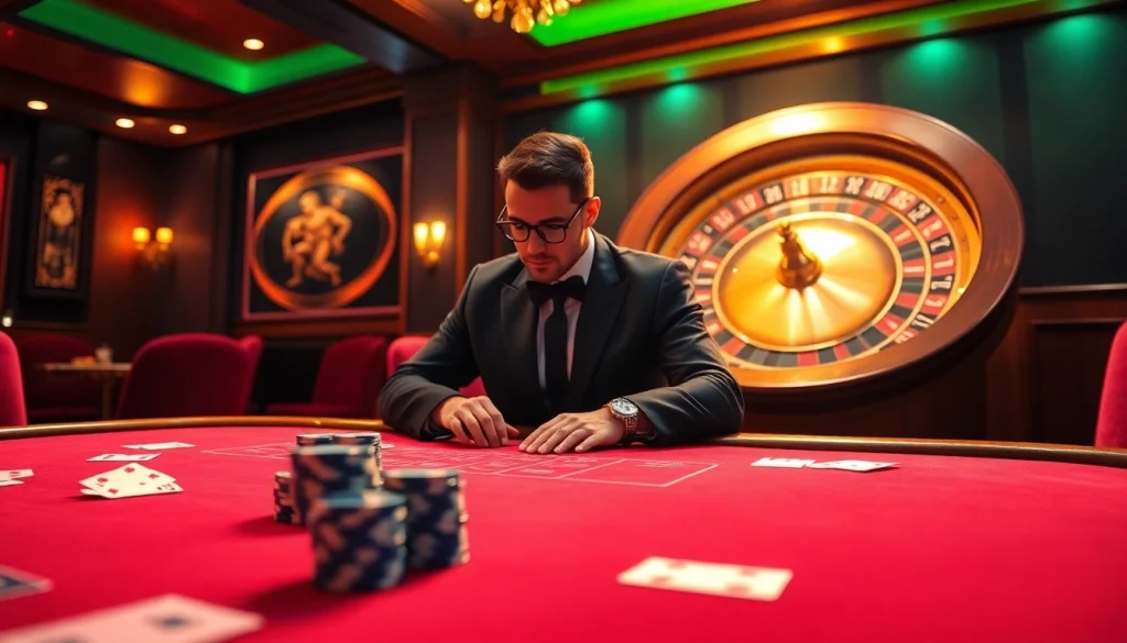 Experience the thrill of online gambling at hz88mie.com with a luxurious casino scene featuring poker tables and roulette.